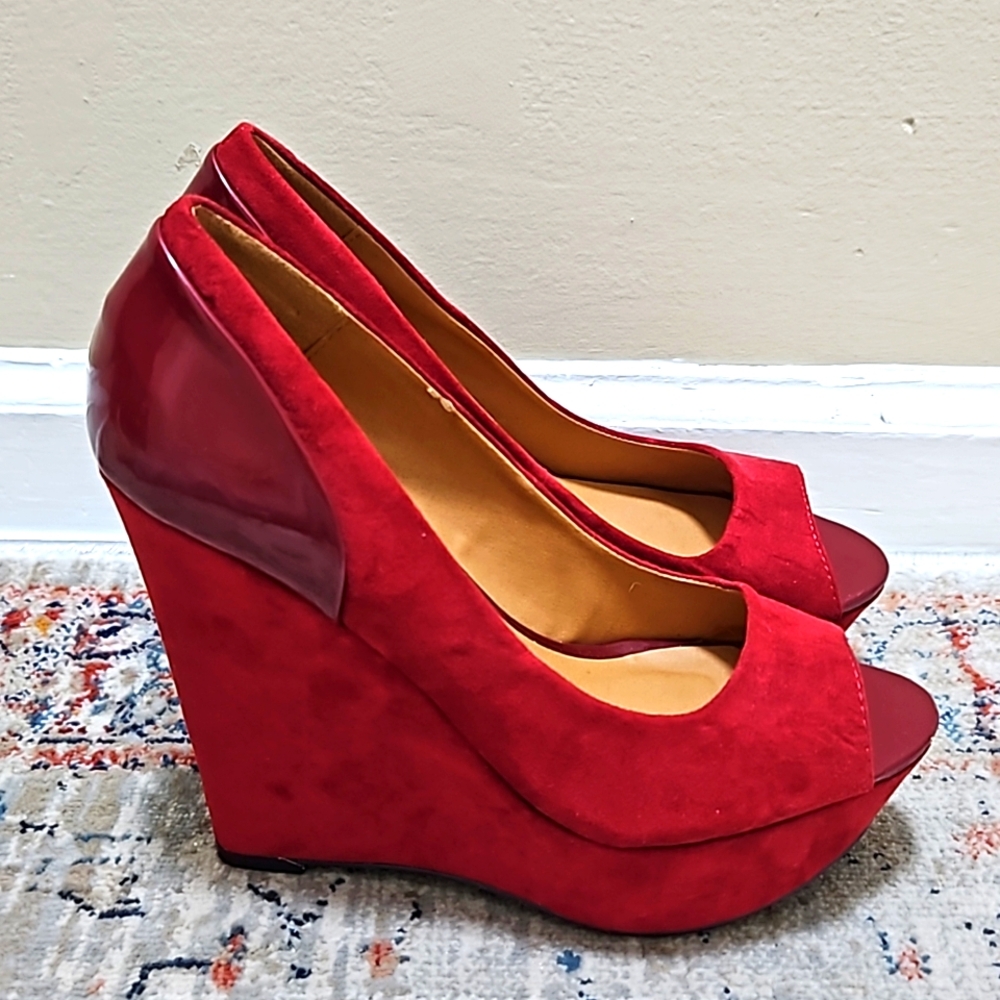 Qupid Peep Toe  Wedge Red Suede women's Heels size 6.5